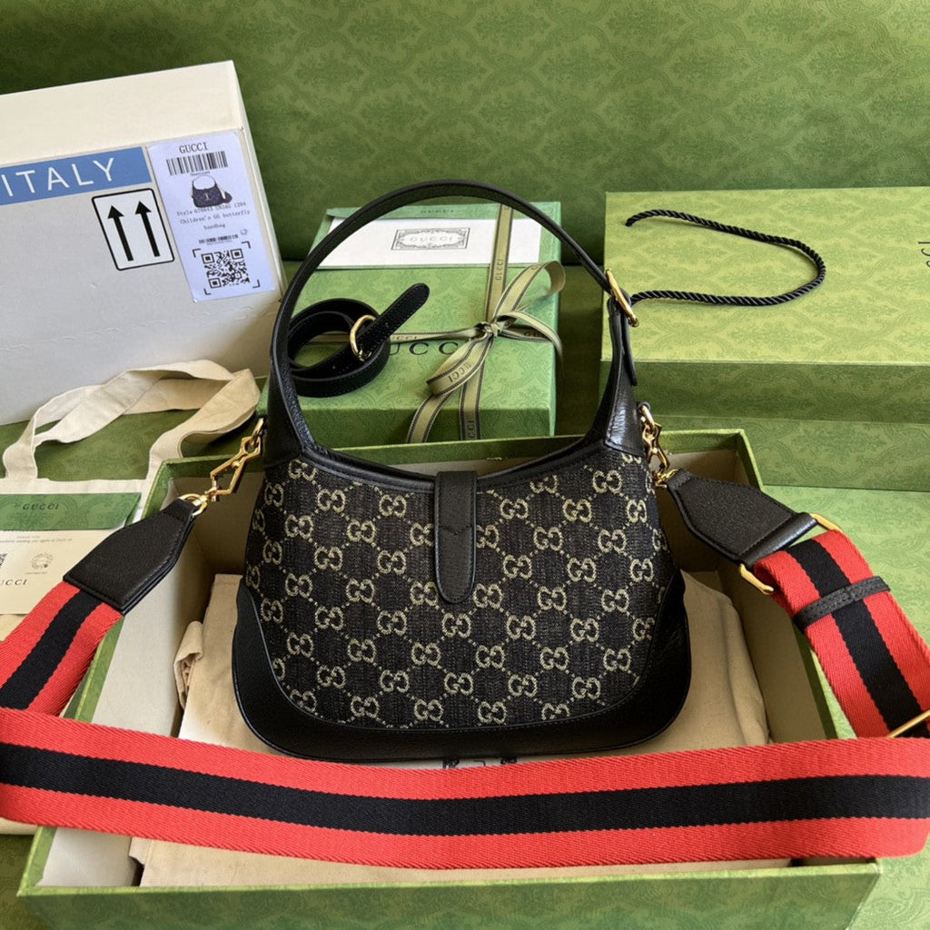 Gucci Jackie 1961 Small Shoulder Bag Black And Ivory Gucci Denim Jacquard For Women 11in/28cm 678843 UN3AG 1294