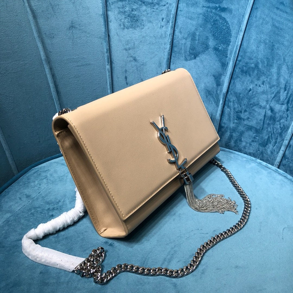 YSSL Kate Medium Chain Bag With Tassel In Grain De Poudre Beige For Women 9in/24cm YSLÂ 