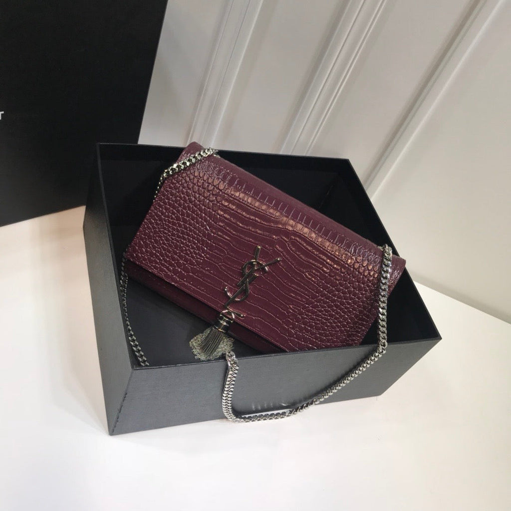 YSSL Kate Medium Chain Bag With Tassel In Embossed Crocodile Dark Violet For Women 9in/24cm YSL