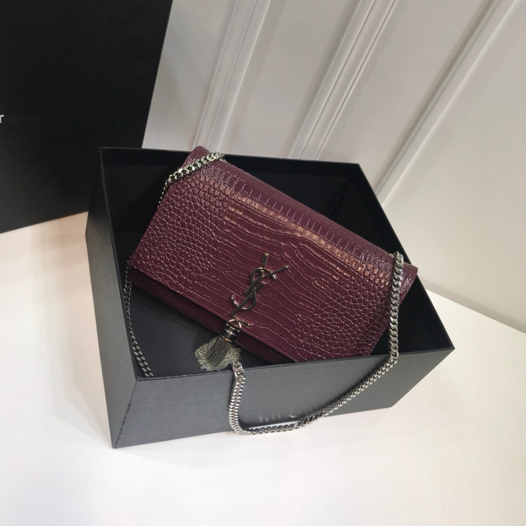 YSSL Kate Medium Chain Bag With Tassel In Embossed Crocodile Dark Violet For Women 9in/24cm YSL