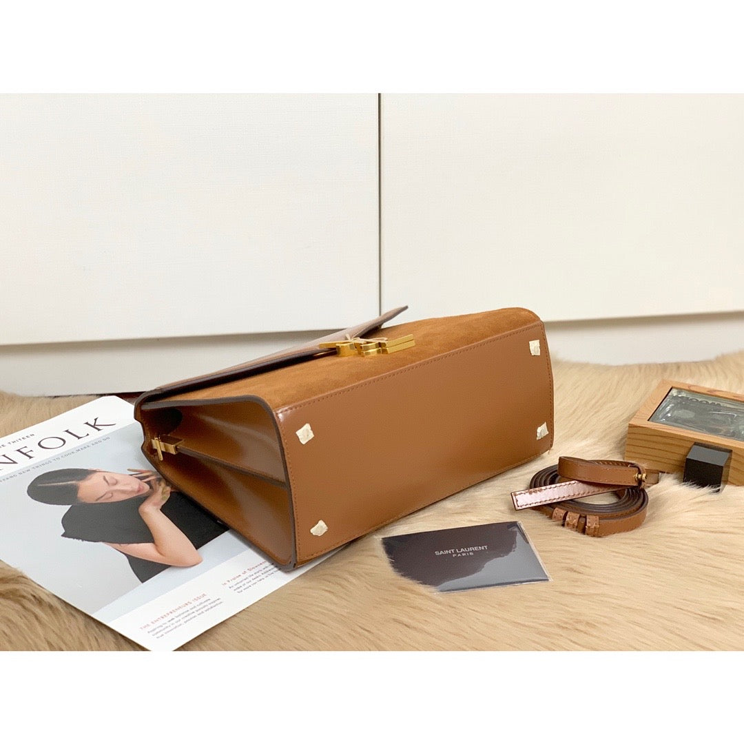 YSSL Cassandra Medium Top Handle Bag In Box And Velvet Brown For Women 9in/24.5cm YSL
