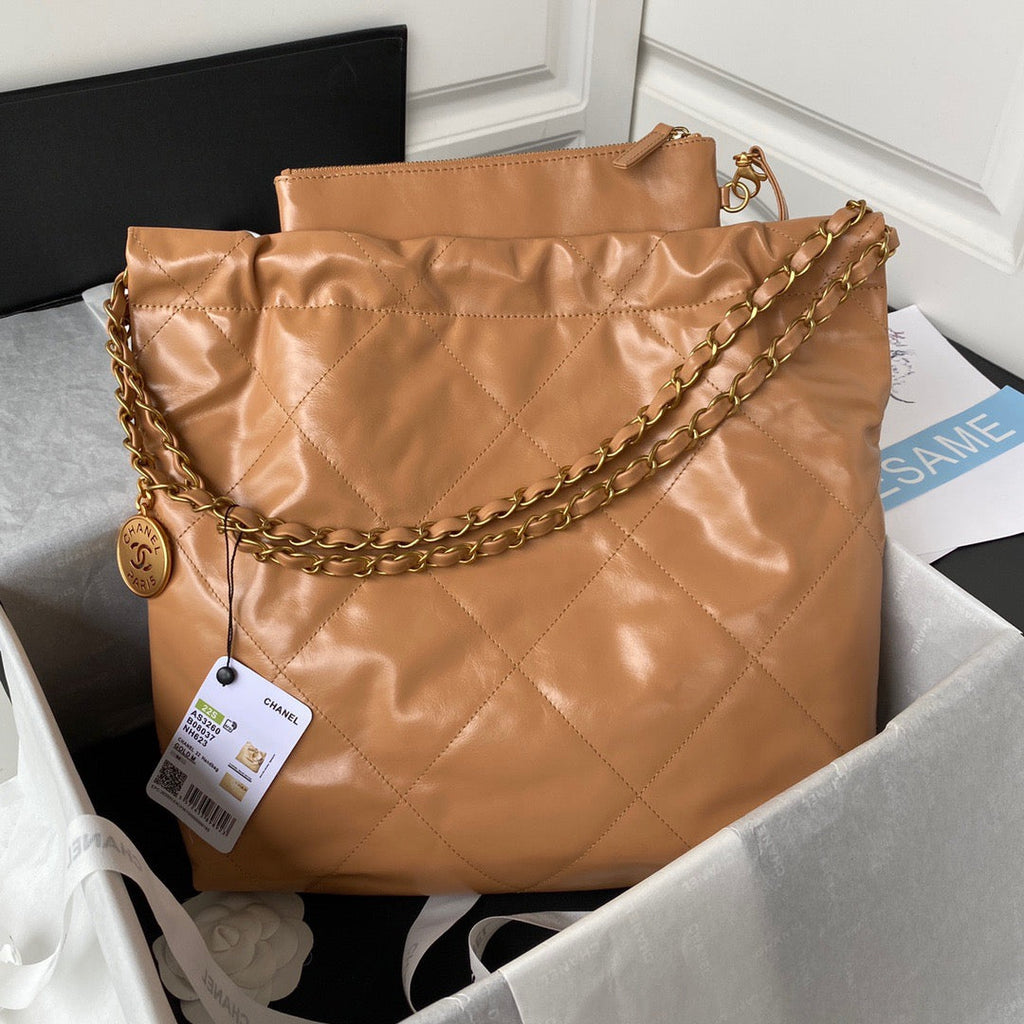 Chanel 22 Handbag Gold Hardware Shiny Camel For Women Handbags, Shoulder Bags 16.5in/38cm AS3261 B08037 NB356