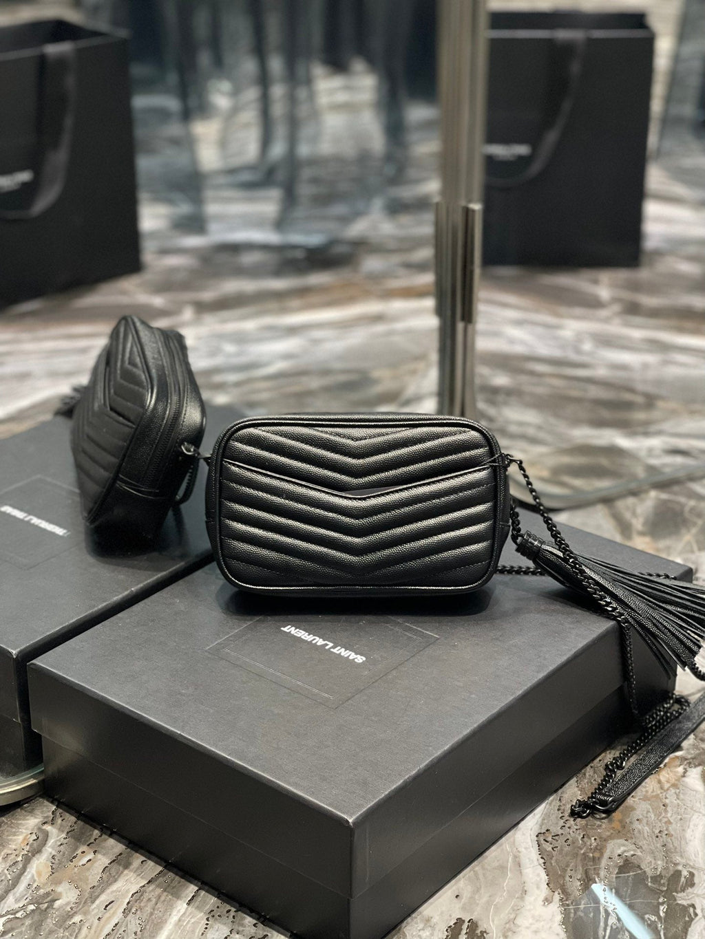 YSSL Lou Mini Bag Black In Quilted Grain De Poudre With Metal Toned Hardware For Women 7in/19cm YSl 6125791GF081000