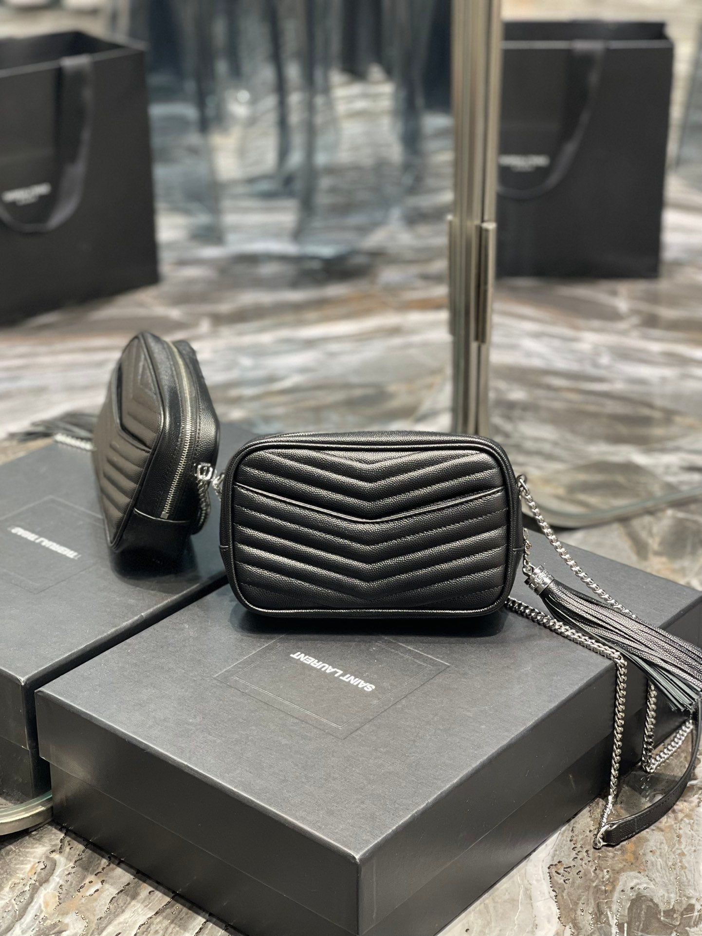 Top Quality Lou Mini Bag Black In Quilted Grain De Poudre With Silver Toned Hardware For Women 7.4in/19cm YSl 6125791GF021000