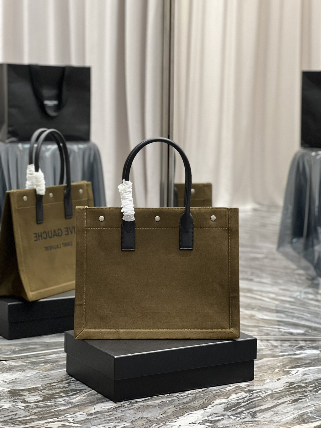 YSSL Rive Gauche Small Tote Bag In Linen Khaki Brown For Women 15in/39cm YSL
