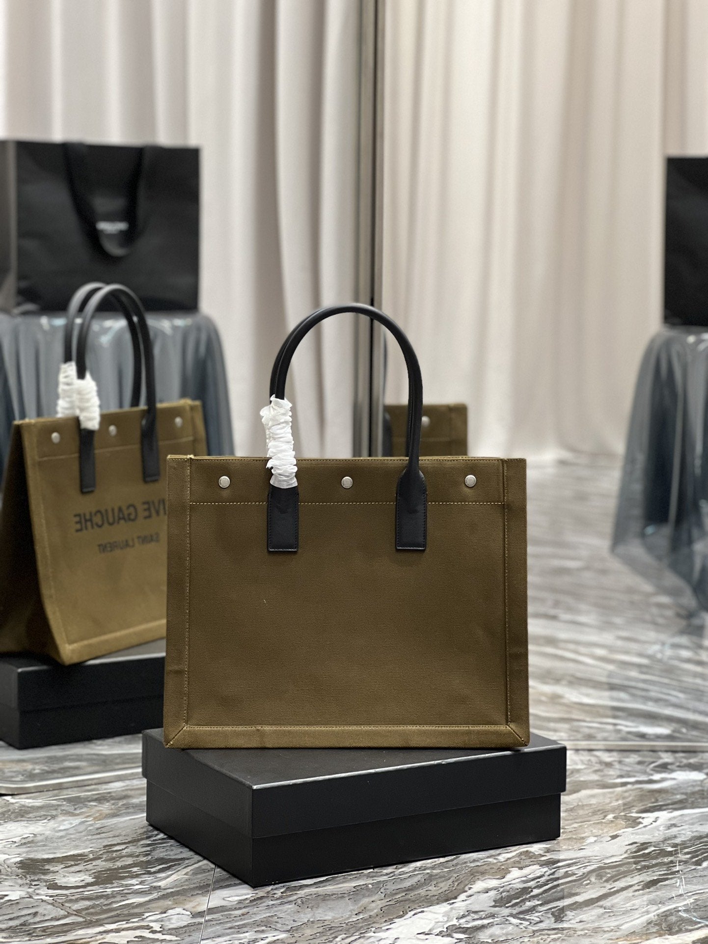 YSSL Rive Gauche Small Tote Bag In Linen Khaki Brown For Women 15in/39cm YSL