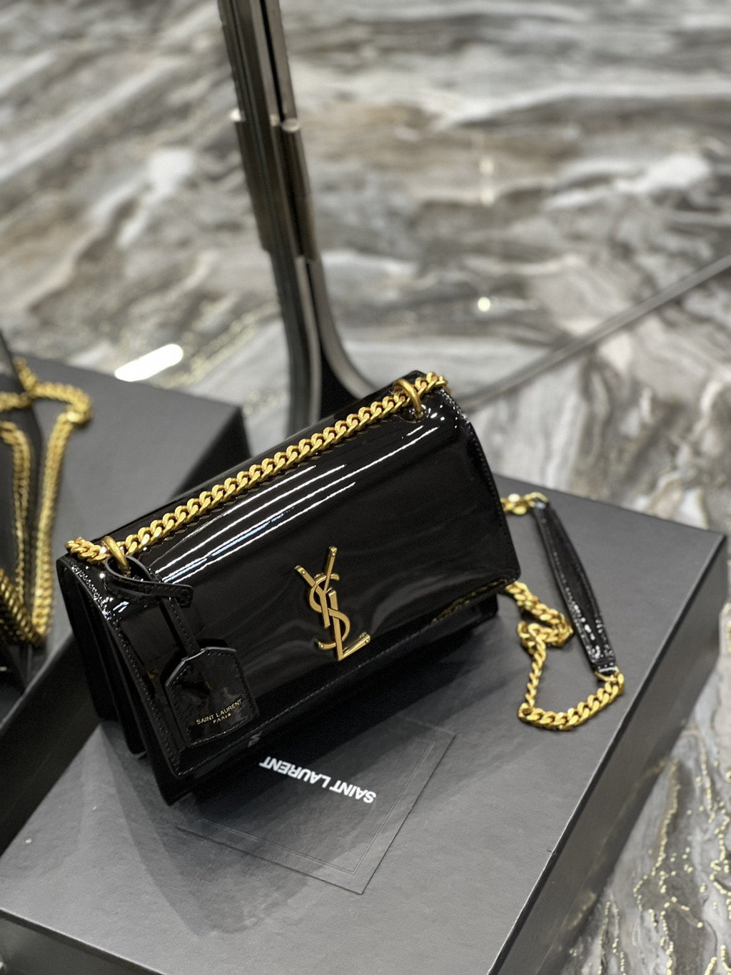 YSSL Sunset Medium Chain Bag For Women 8in/22cm Black YSL