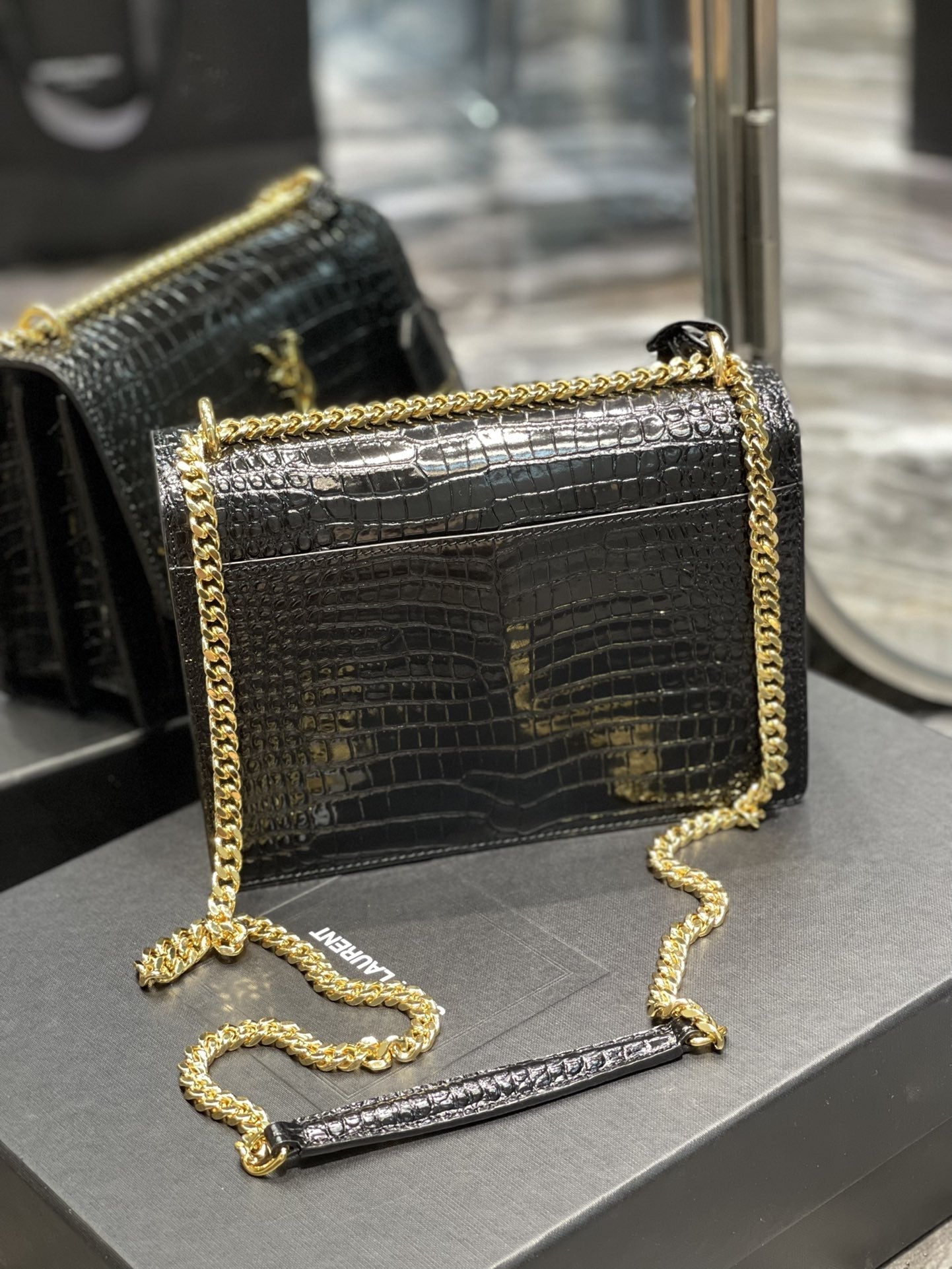 YSSL Sunset Medium Chain Bag For Women 8in/22cm Black YSL 442906DND0J1000