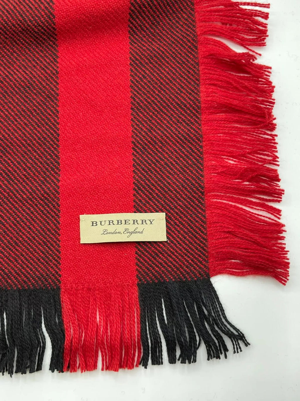 Burberry Red Half Mega Check Fringe Wool Scarf