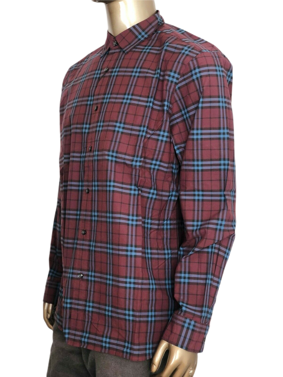 Burberry Alexander Men's Crimson Red/Blue Checked Cotton Shirt (S