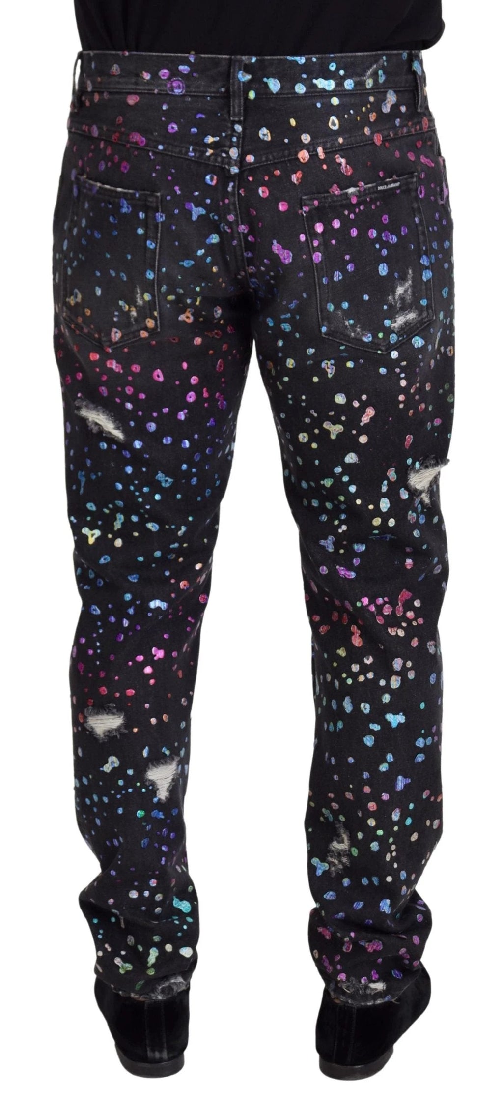 Dolce & Gabbana Black Multicolor Print Tattered Denim Jeans