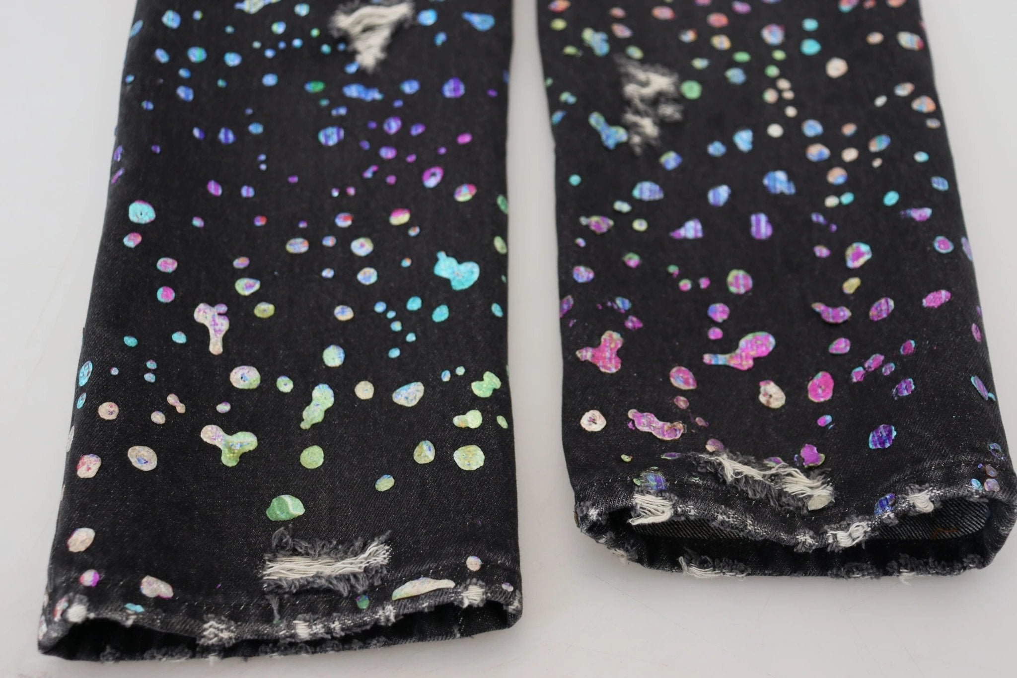 Dolce & Gabbana Black Multicolor Print Tattered Denim Jeans