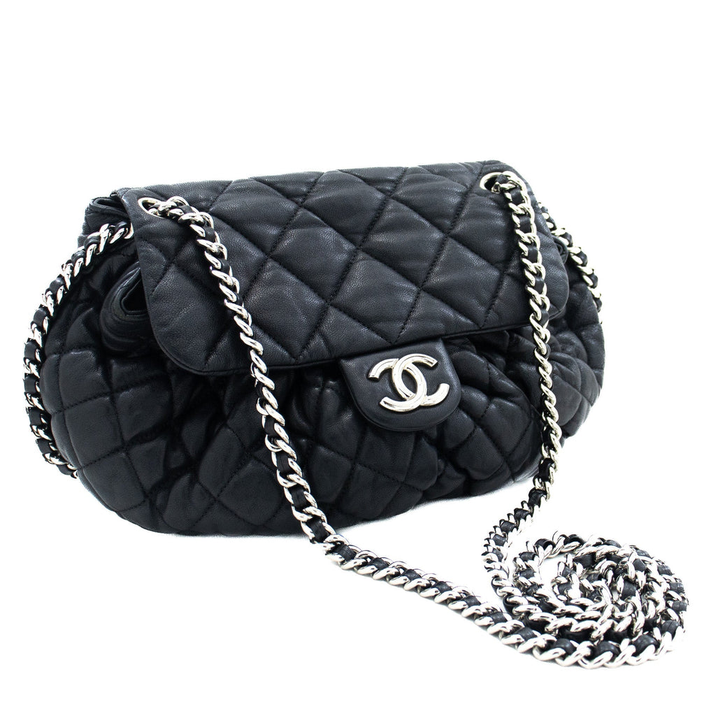 CHANEL Chain Around Shoulder Bag Crossbody Black Calfskin Leather j91