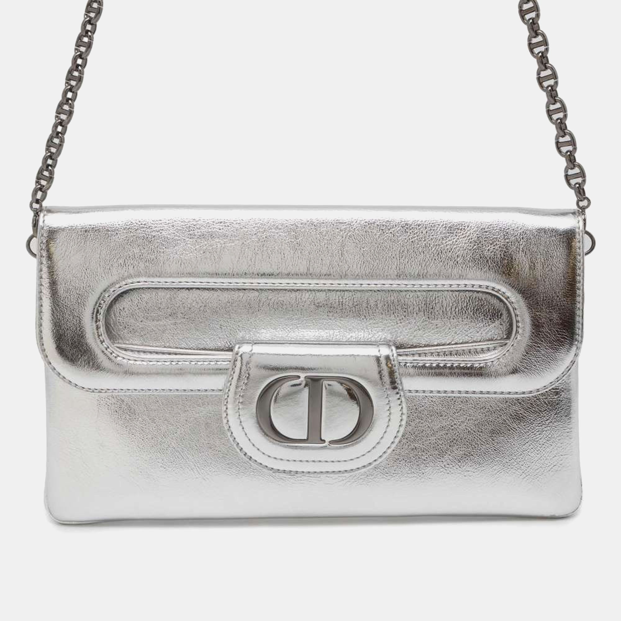 Silver Leather Diordouble Clutch Bag