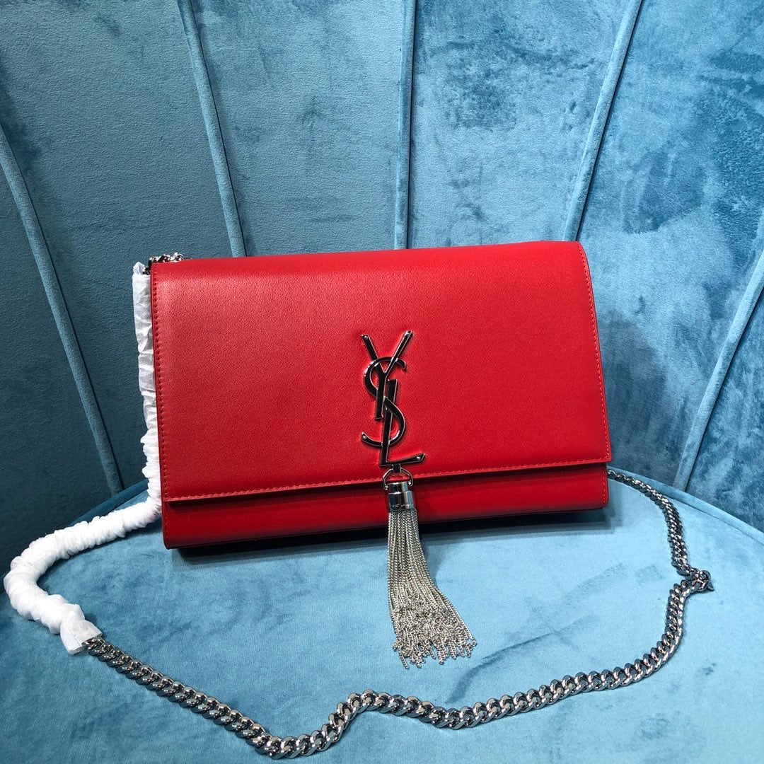 YSSL Kate Medium Chain Bag With Tassel In Grain De Poudre Red For Women 9in/24cm YSL