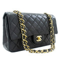 CHANEL Classic Double Flap 10" Chain Shoulder Bag Black Lambskin j92