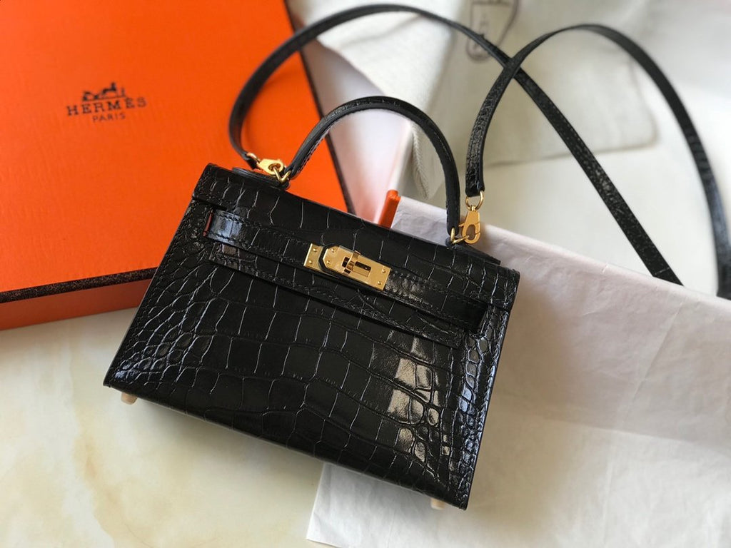 Mini Kelly 19 Black CrocoGLAMIle Bag For Women, Handbags, Shoulder Bags 7.5in/19cm