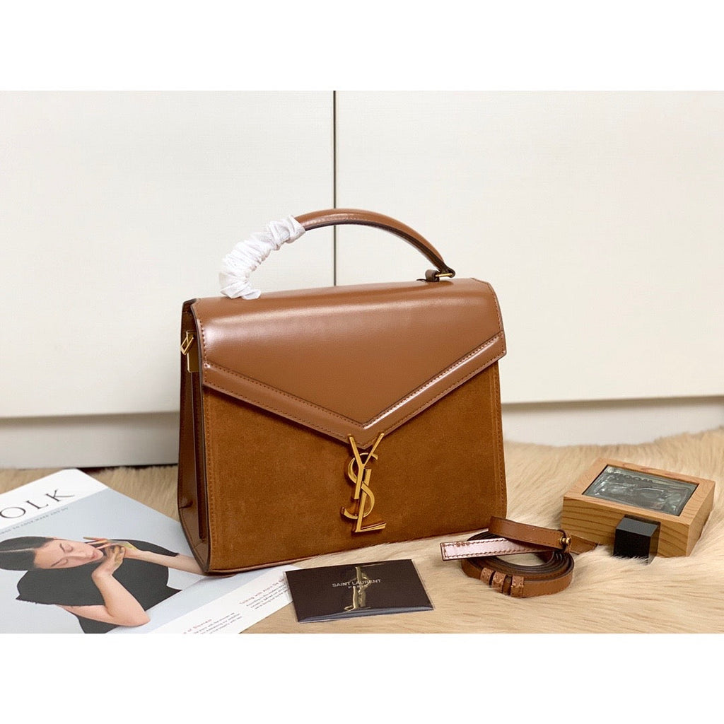 YSSL Cassandra Medium Top Handle Bag In Box And Velvet Brown For Women 9in/24.5cm YSL