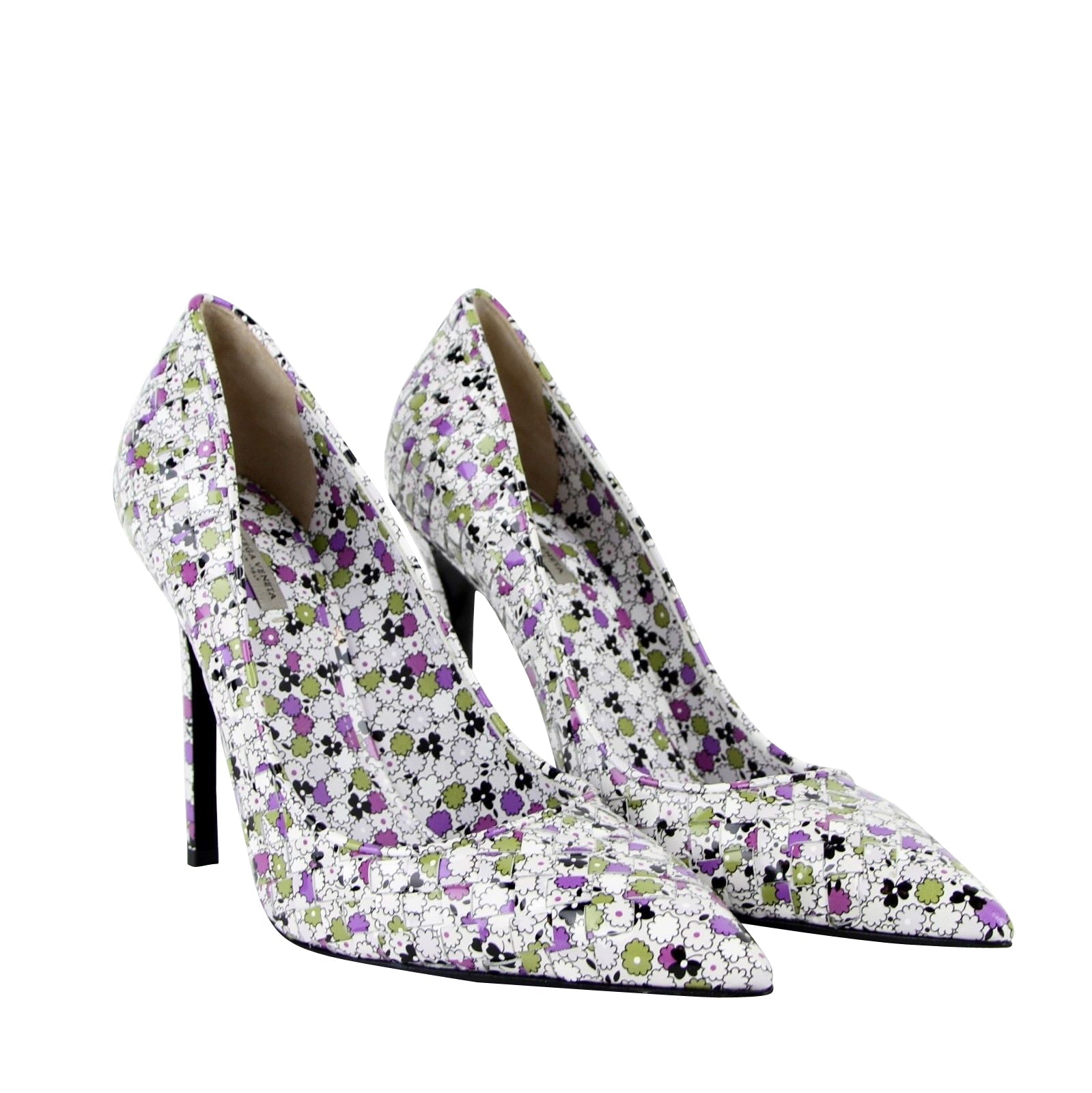 Bottega Veneta Women's Green / Purple Floral Woven Leather Heels 430541 8404