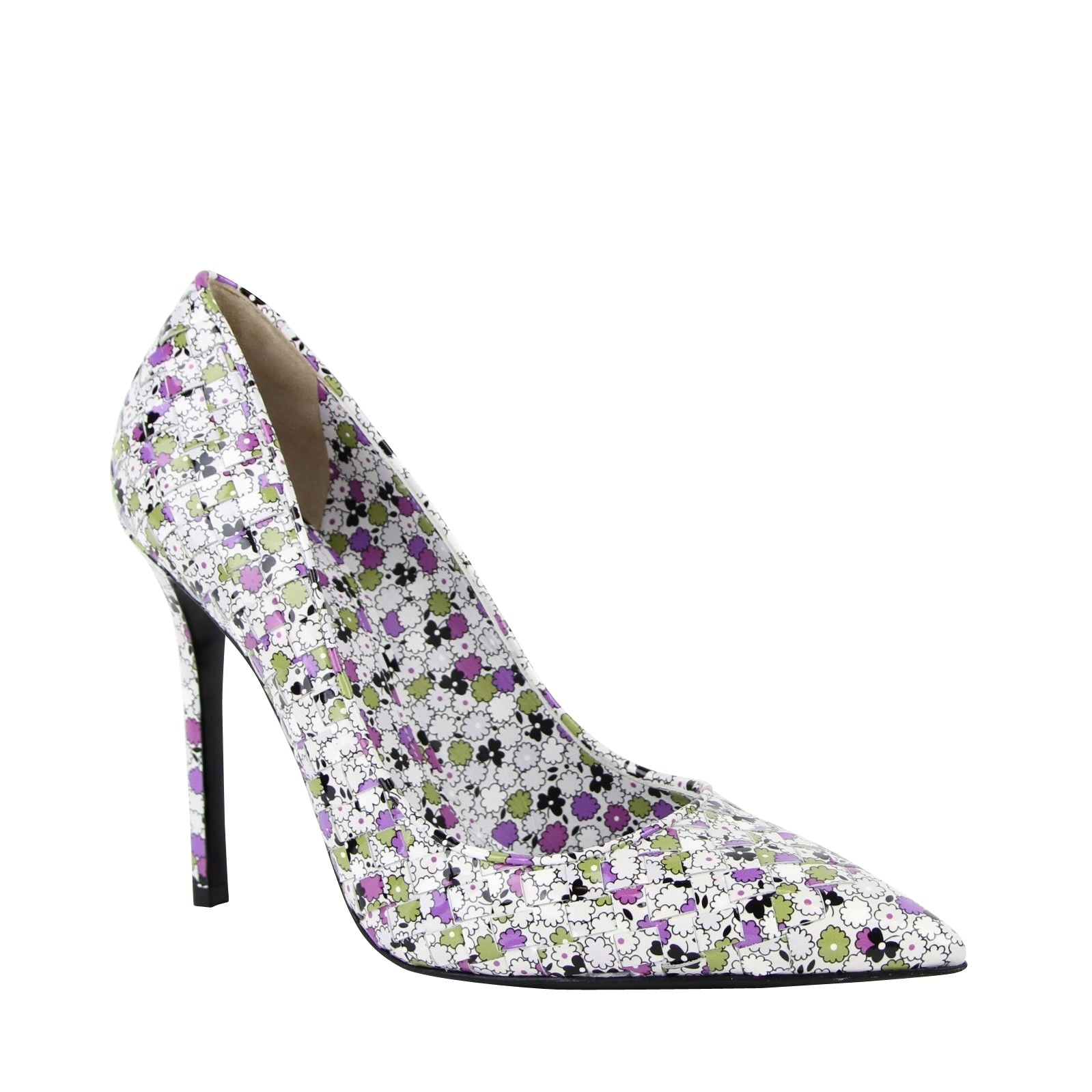 Bottega Veneta Women Green/Purple Floral Woven Leather Heels 430541 8404