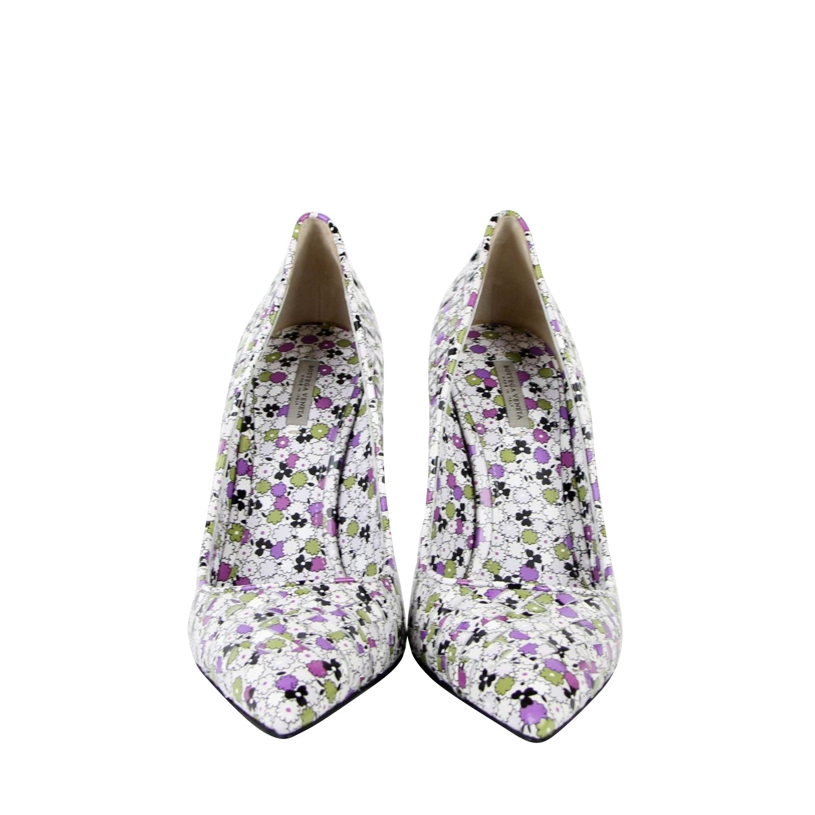 Bottega Veneta Women Green/Purple Floral Woven Leather Heels 430541 8404