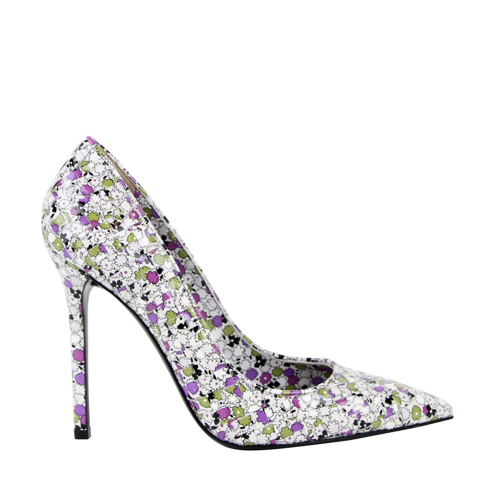 Bottega Veneta Women Green/Purple Floral Woven Leather Heels 430541 8404