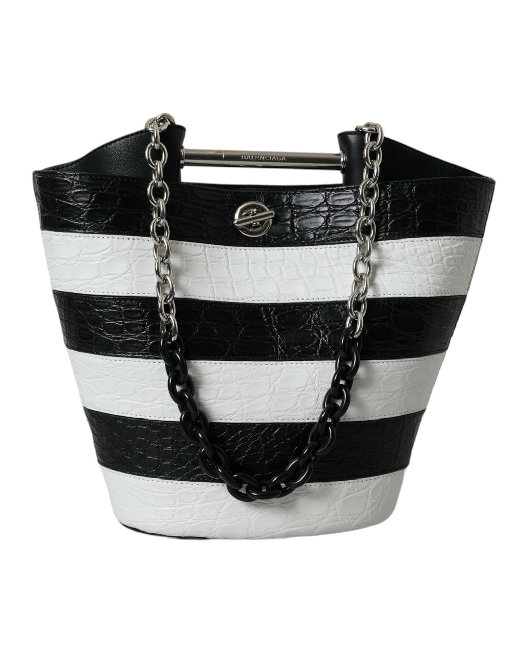 Balenciaga Black White Striped Exotic Skin Leather Maxi Bucket Tote Women's Bag