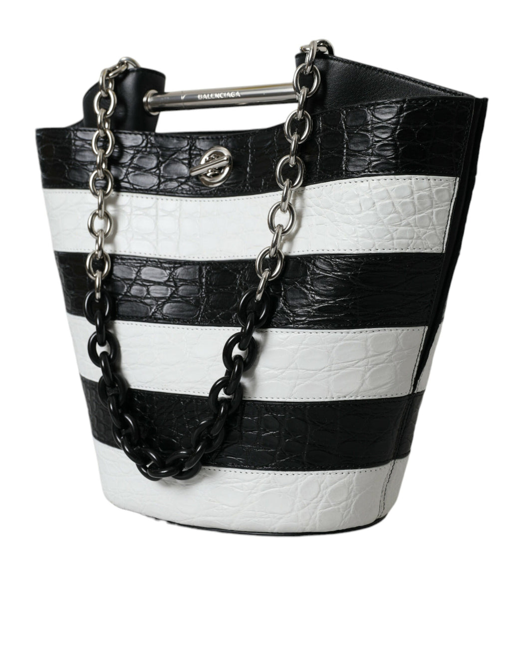 Balenciaga Black White Striped Exotic Skin Leather Maxi Bucket Tote Women's Bag