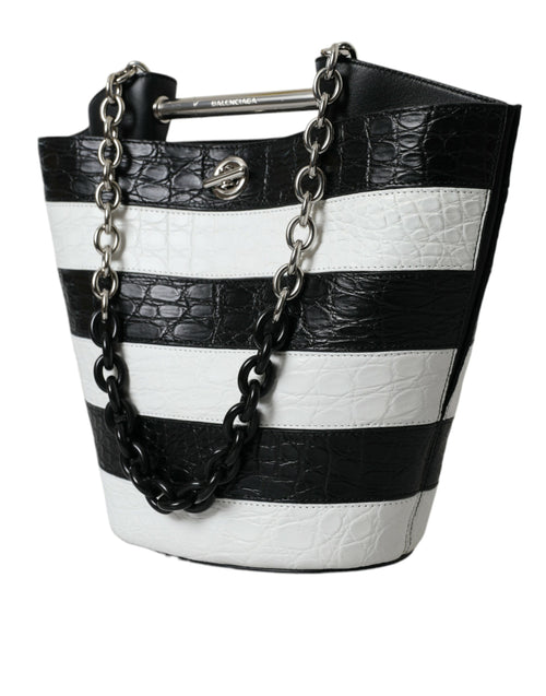 Balenciaga Black White Striped Exotic Skin Leather Maxi Bucket Tote Women's Bag