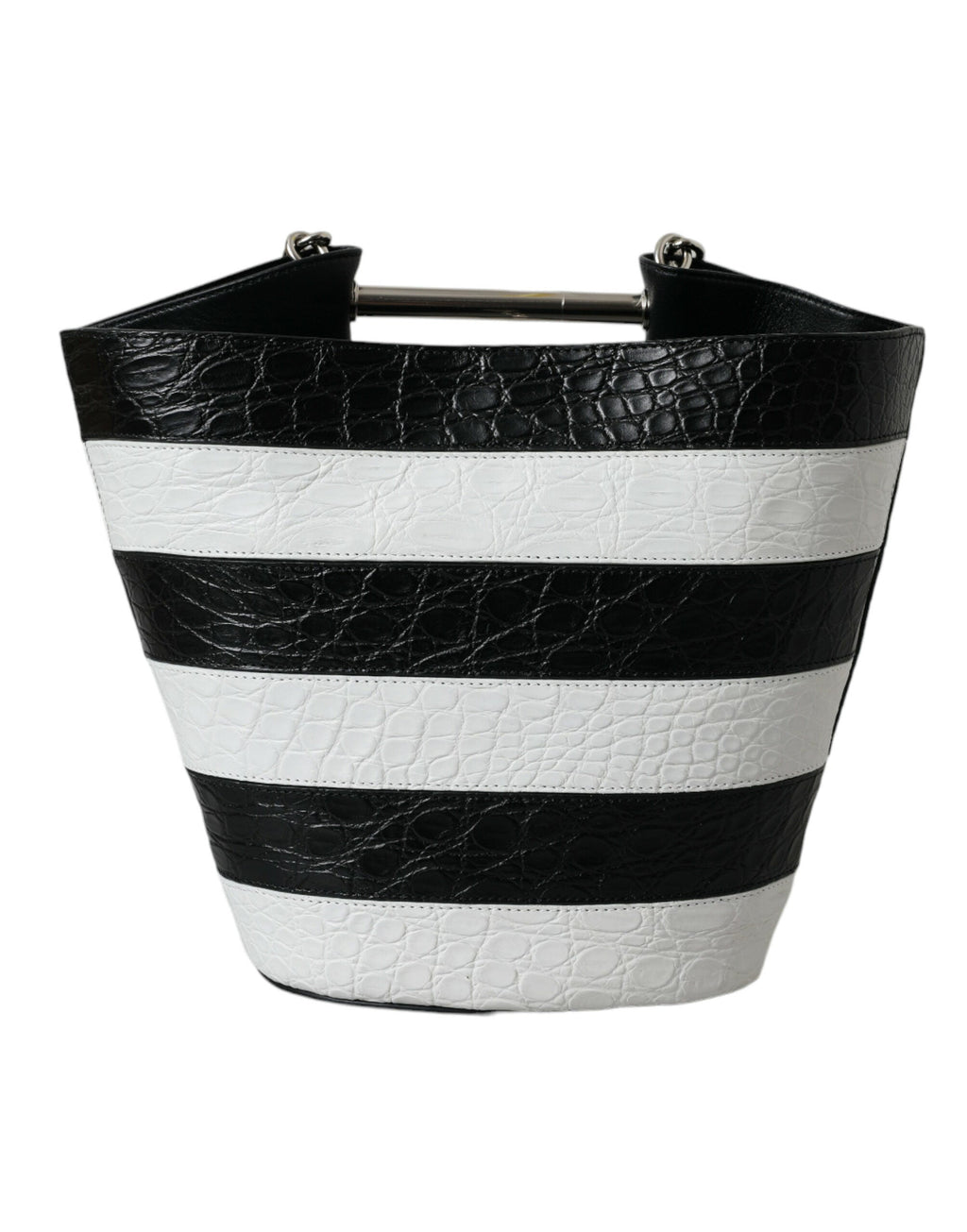 Balenciaga Black White Striped Exotic Skin Leather Maxi Bucket Tote Women's Bag