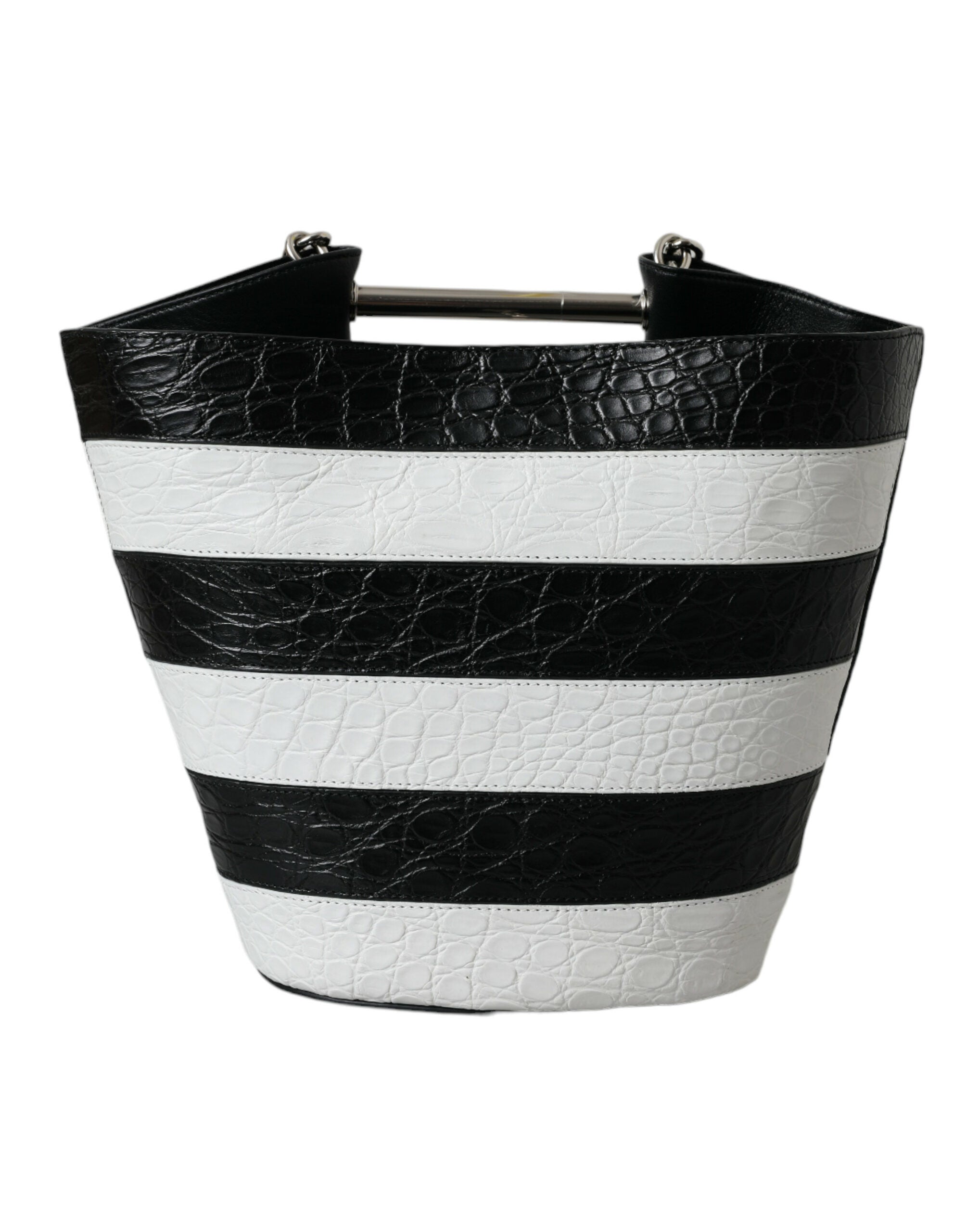 Balenciaga Black White Striped Exotic Skin Leather Maxi Bucket Tote Women's Bag
