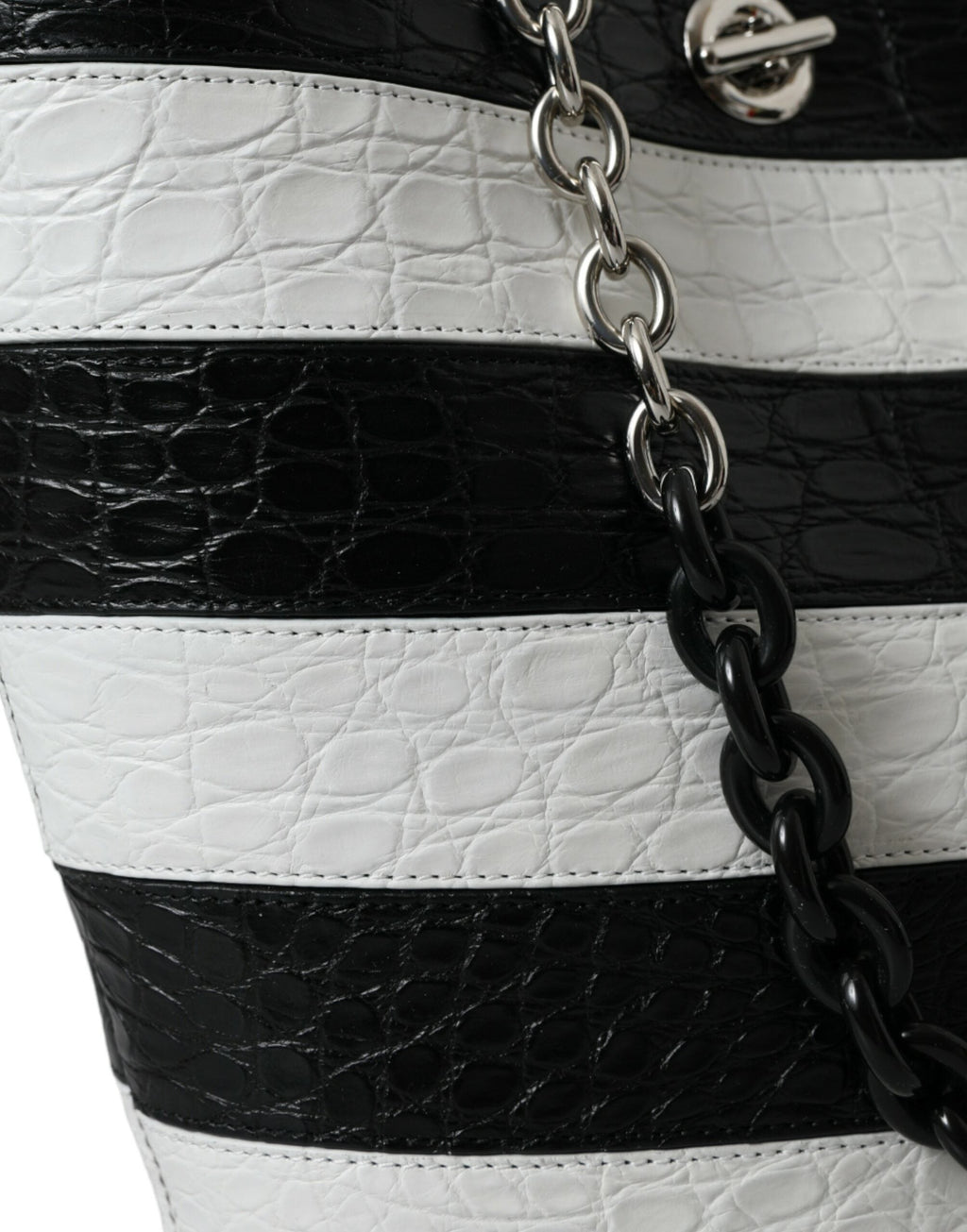 Balenciaga Black White Striped Exotic Skin Leather Maxi Bucket Tote Women's Bag