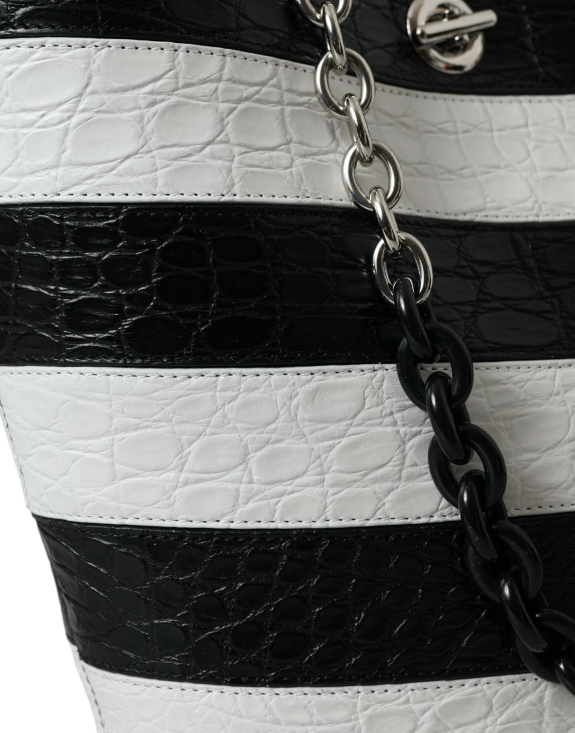 Balenciaga Black White Striped Exotic Skin Leather Maxi Bucket Tote Women's Bag