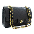 CHANEL Classic Double Flap 10" Chain Shoulder Bag Black Lambskin k03