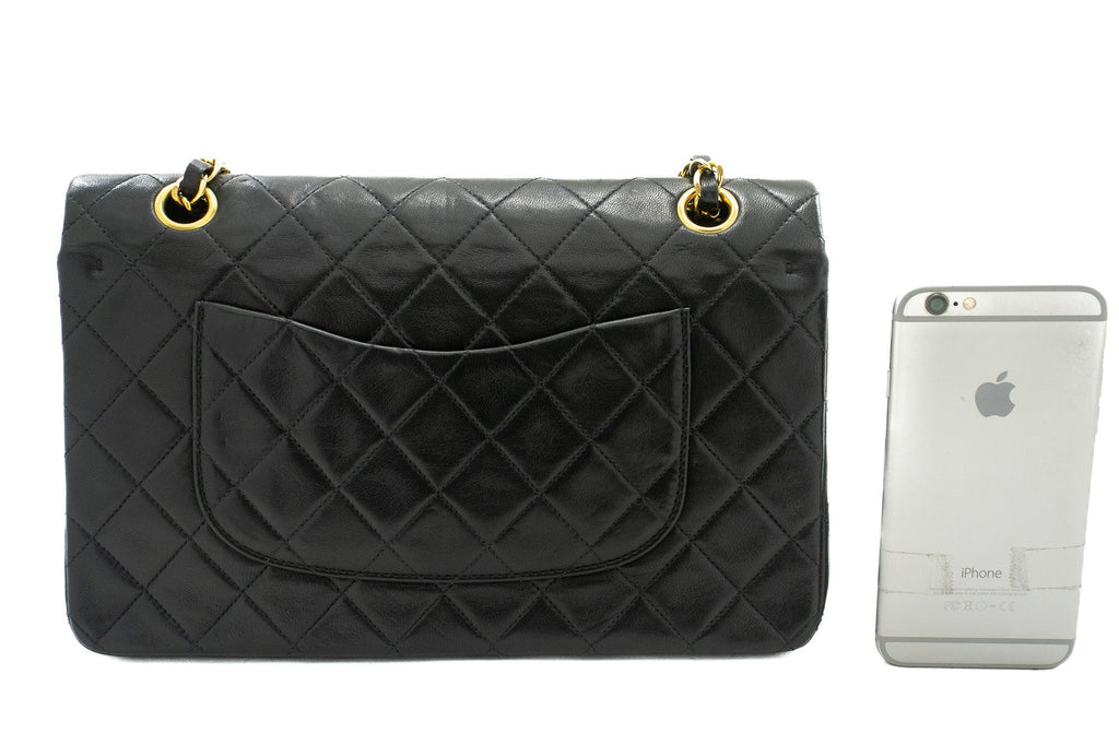 CHANEL Classic Double Flap 10" Chain Shoulder Bag Black Lambskin k03