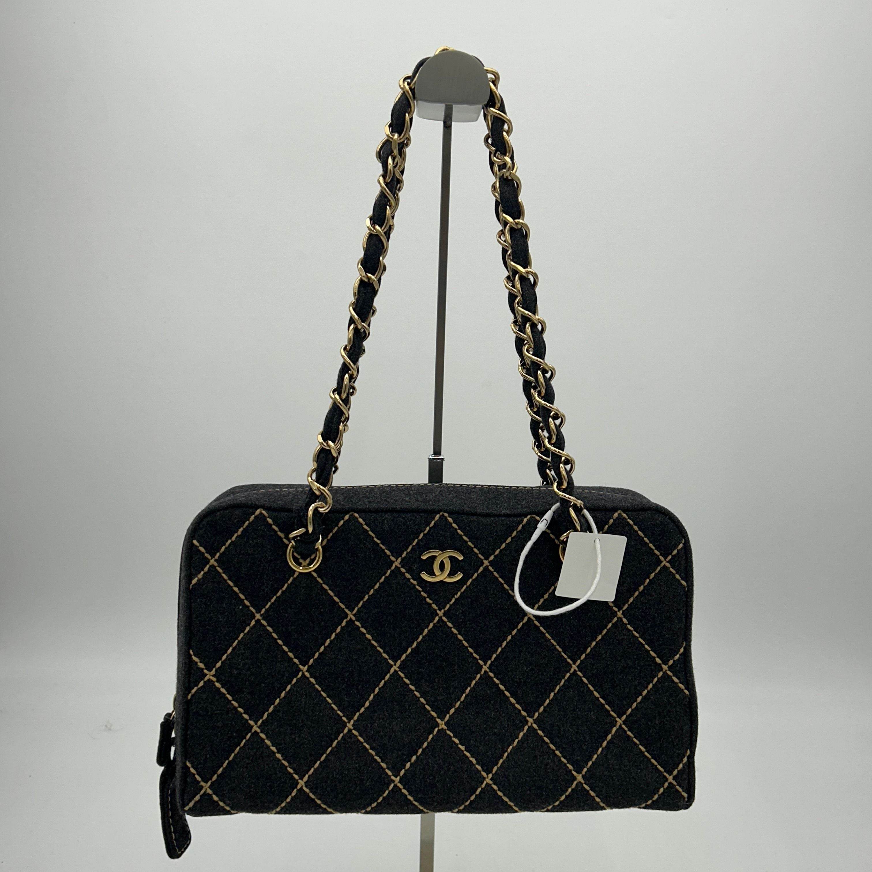CHANEL Wild Stitch Wool Chain Shoulder Bag Grey 2106800560015