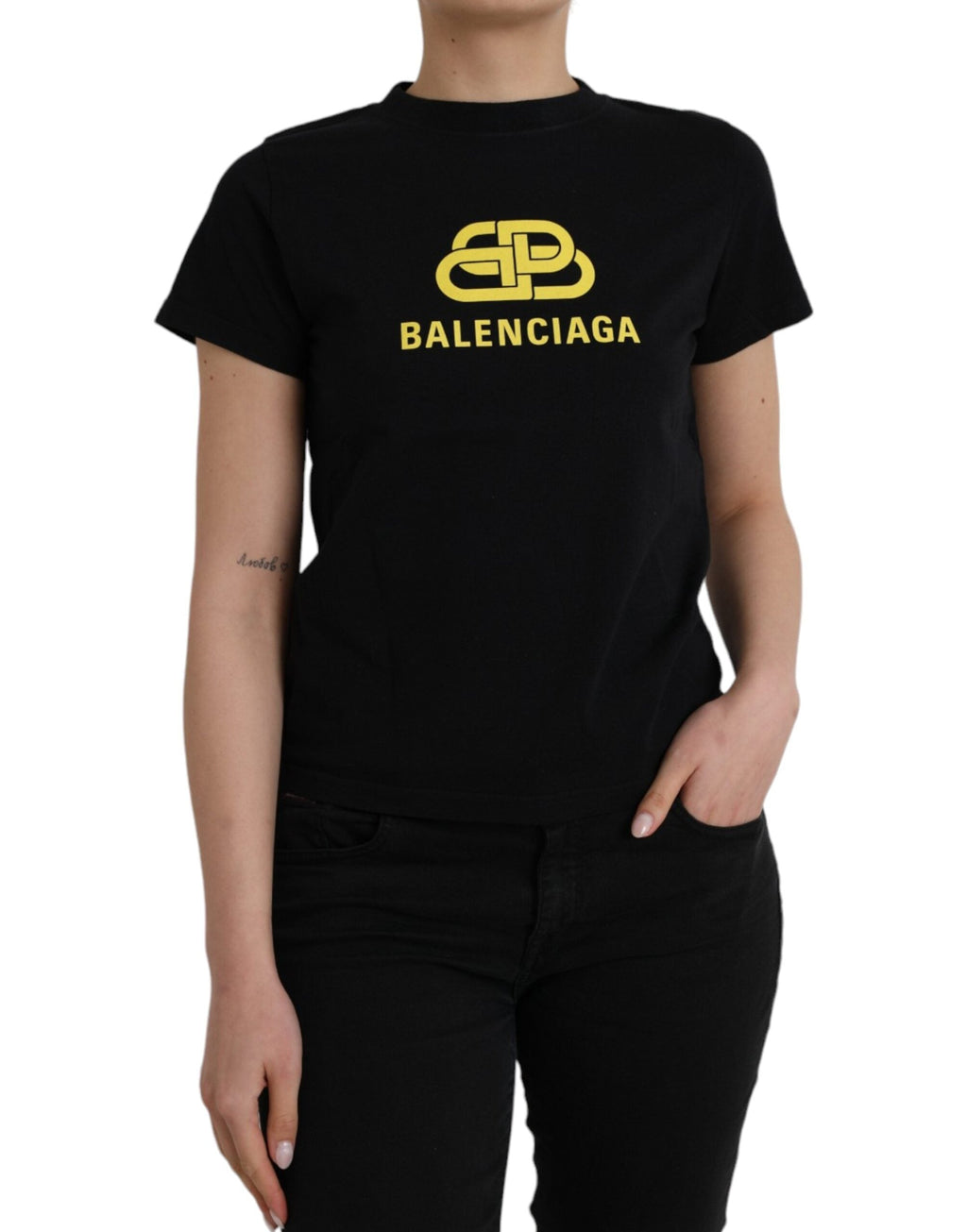Balenciaga Black Cotton Logo Crew Neck Short Sleeves Women's T-shirt
