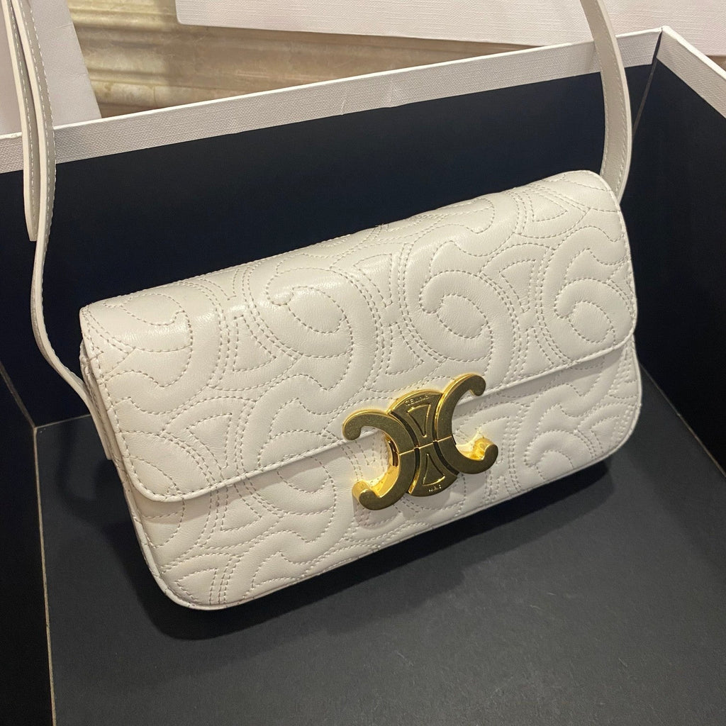 Triomphe Shoulder Bag In Quilted Triomphe Lambskin White For Women 8in/20cm 194143EF4.01BC