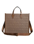 Versace Brown Top Handle Jacquard Leather Logo Crossbody Tote Bag
