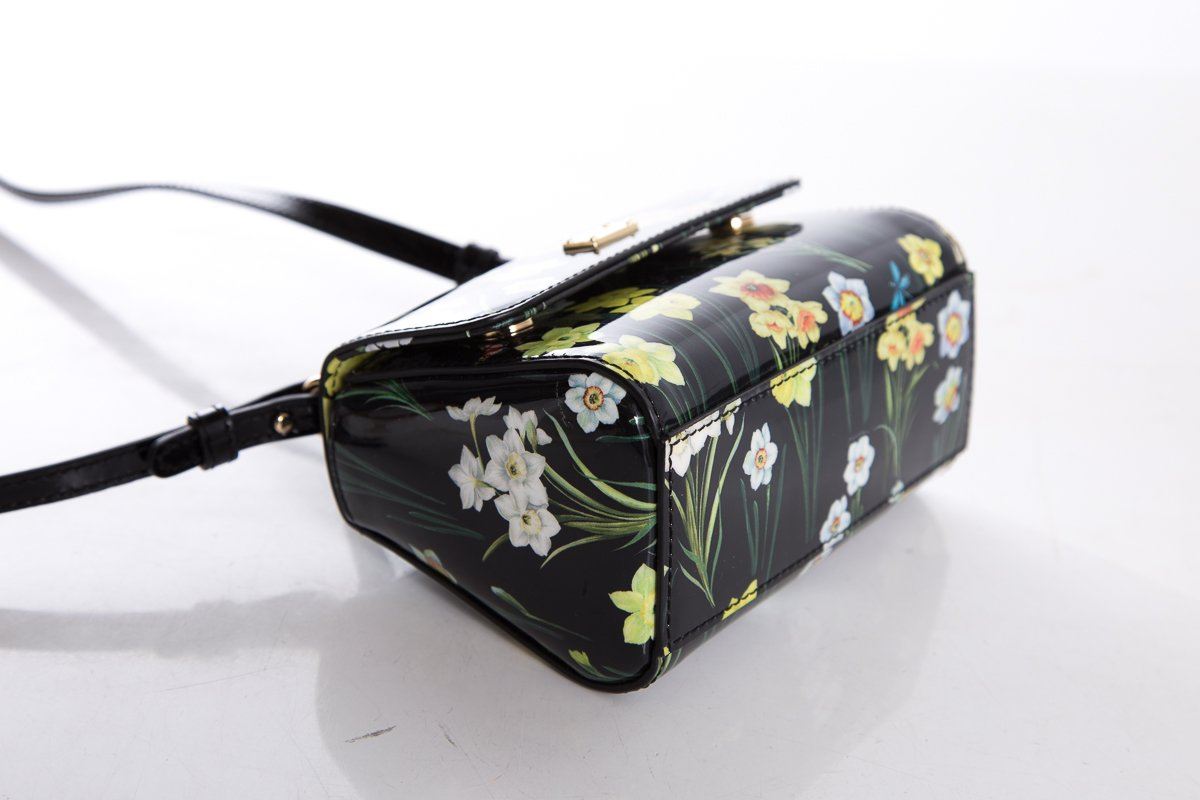 Dolce & Gabbana Black & Yellow Patent Leather Floral Motif Crossbody Bag
