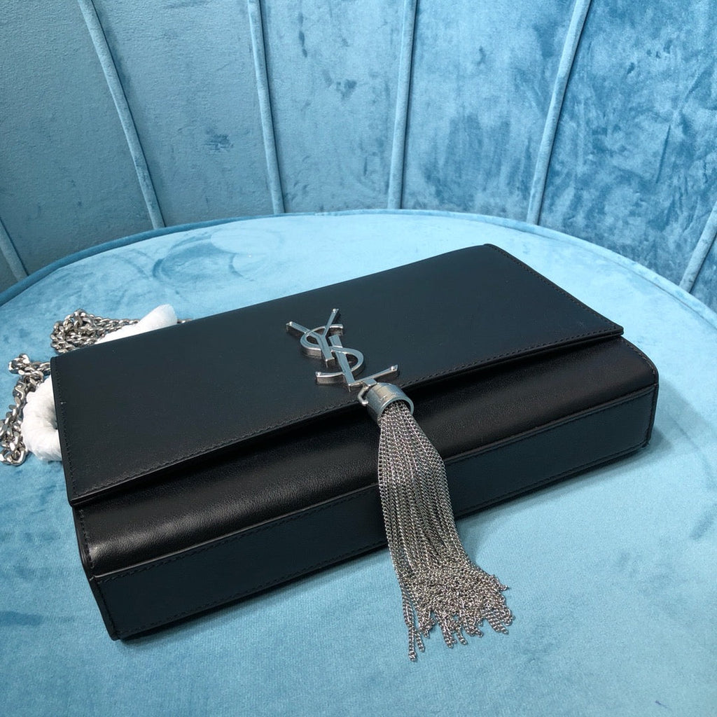 YSSL Kate Medium Chain Bag With Tassel In Grain De Poudre Black For Women 9in/24cm YSL 354119BOW0N1000