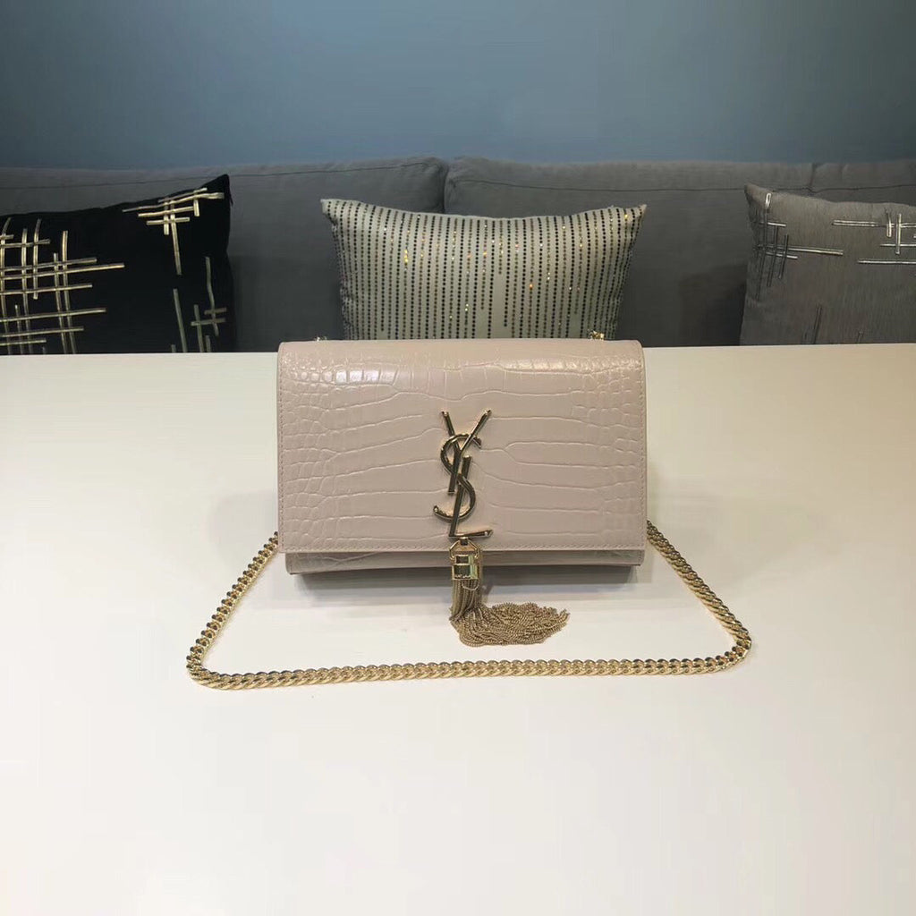 Top Quality Kate Small Chain Bag With Tassel In Embossed Beige For Women 7.8in/20cm YSLÂ 