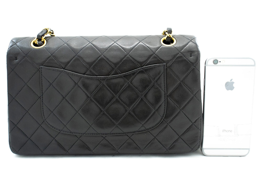 CHANEL Classic Double Flap 10" Chain Shoulder Bag Black Lambskin k04