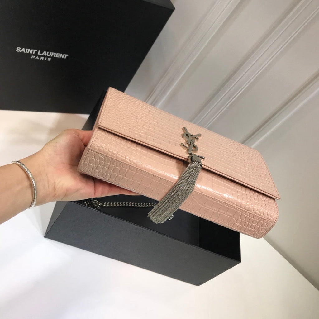 YSSL Kate Medium Chain Bag With Tassel In Embossed Crocodile Dark Beige For Women 9in/24cm YSL