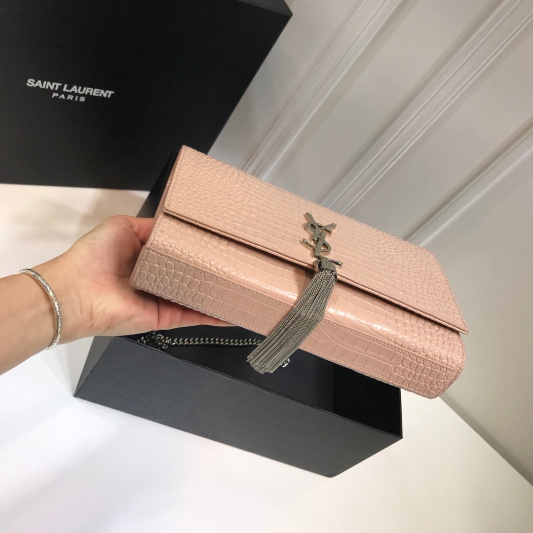 YSSL Kate Medium Chain Bag With Tassel In Embossed Crocodile Dark Beige For Women 9in/24cm YSL