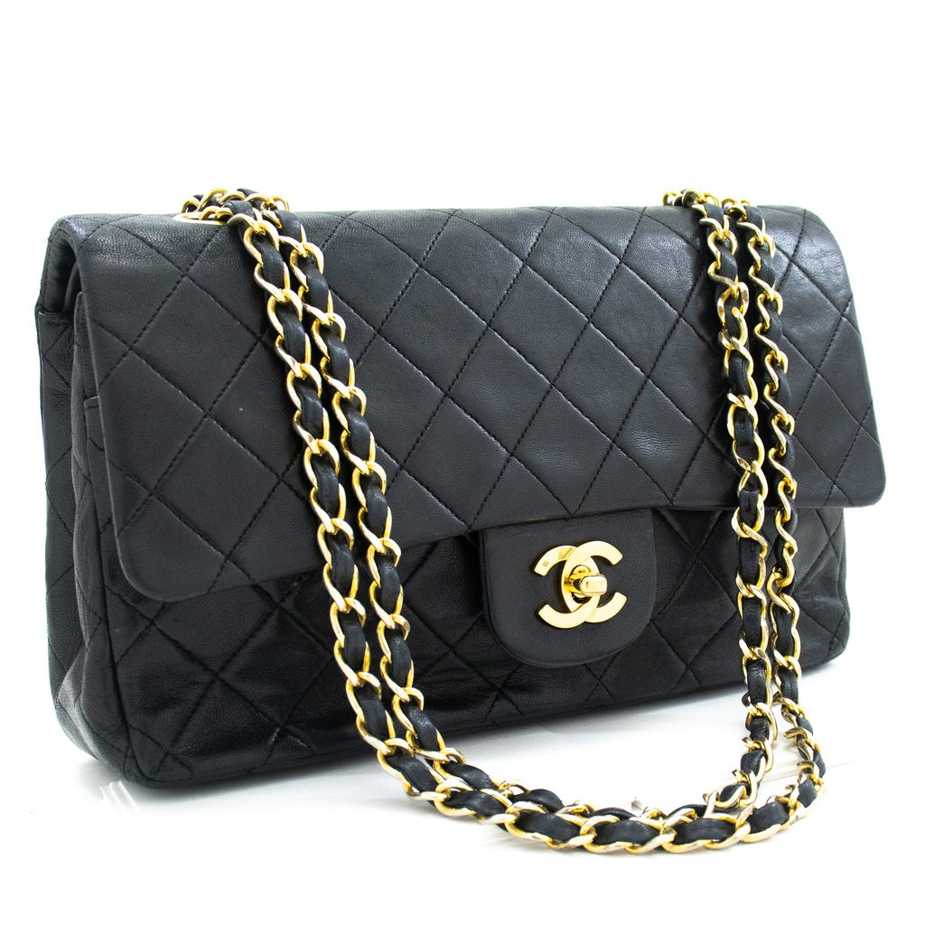CHANEL Classic Double Flap Medium Chain Shoulder Bag Black Lamb k33
