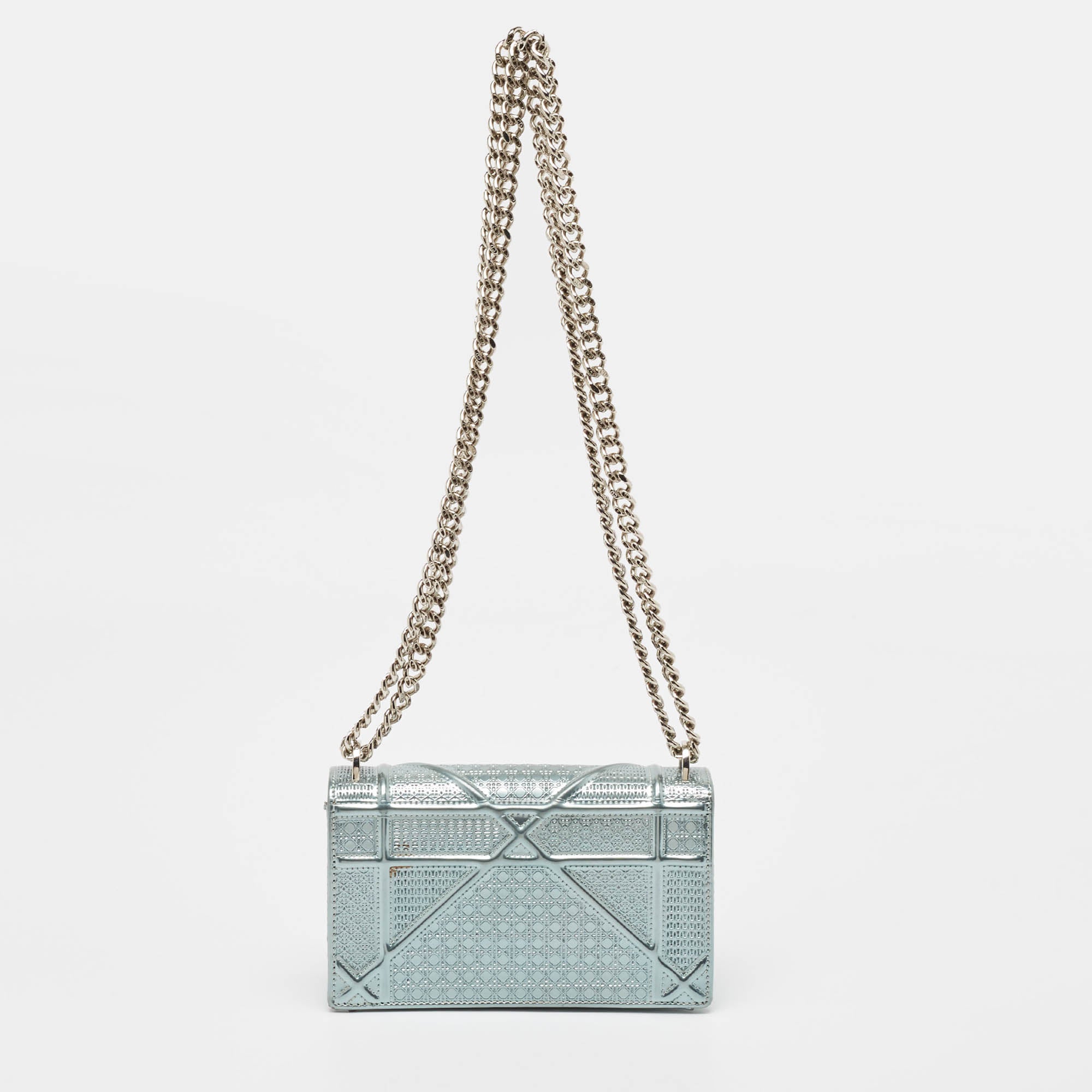 Dior Light Blue Microcannage  Leather Mini Diorama Chain Shoulder Bag..