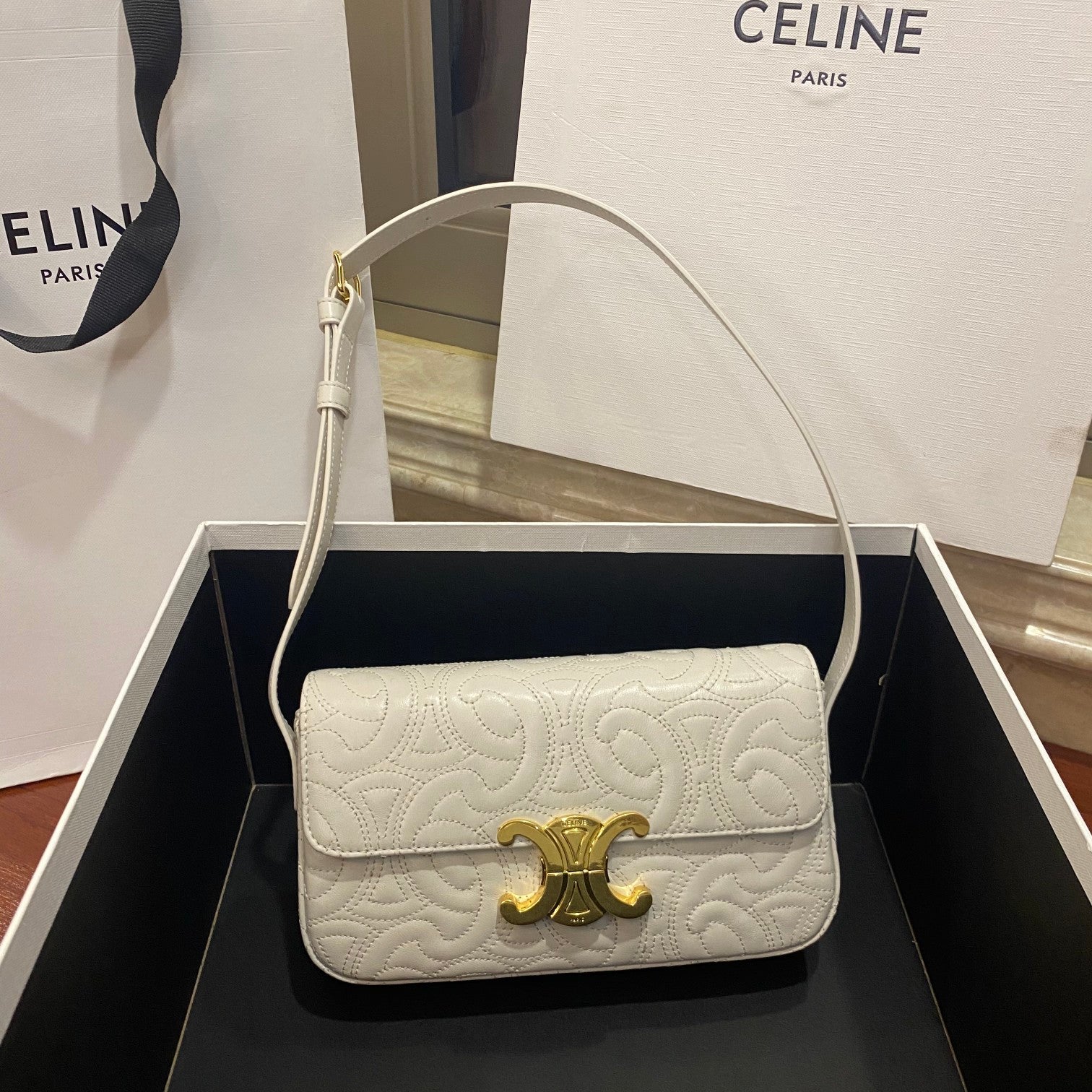 Triomphe Shoulder Bag In Quilted Triomphe Lambskin White For Women 8in/20cm 194143EF4.01BC