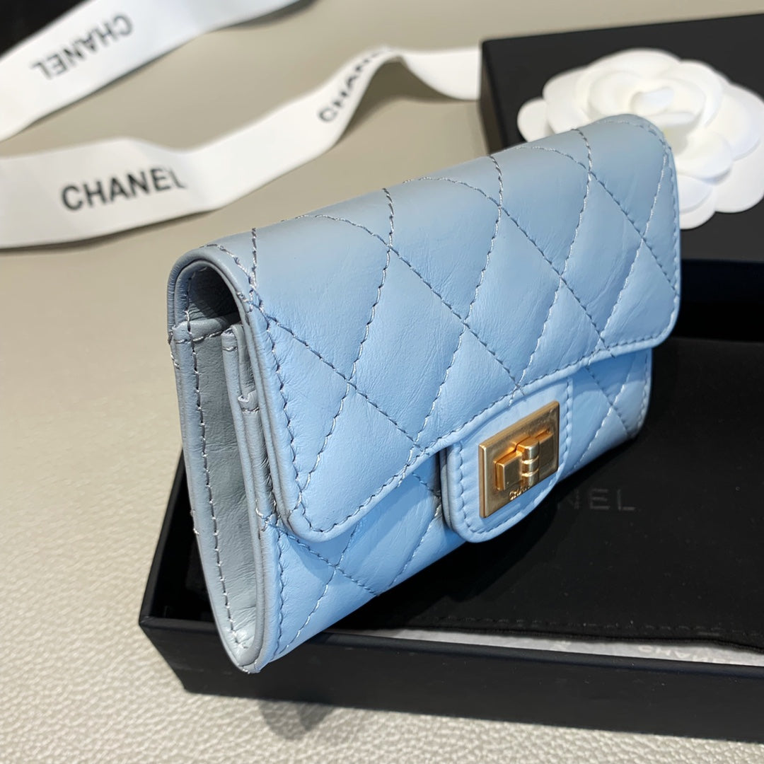 Chanel CHL 2.55 FLAP CARD HOLDER LIGHT BLUE WALLET