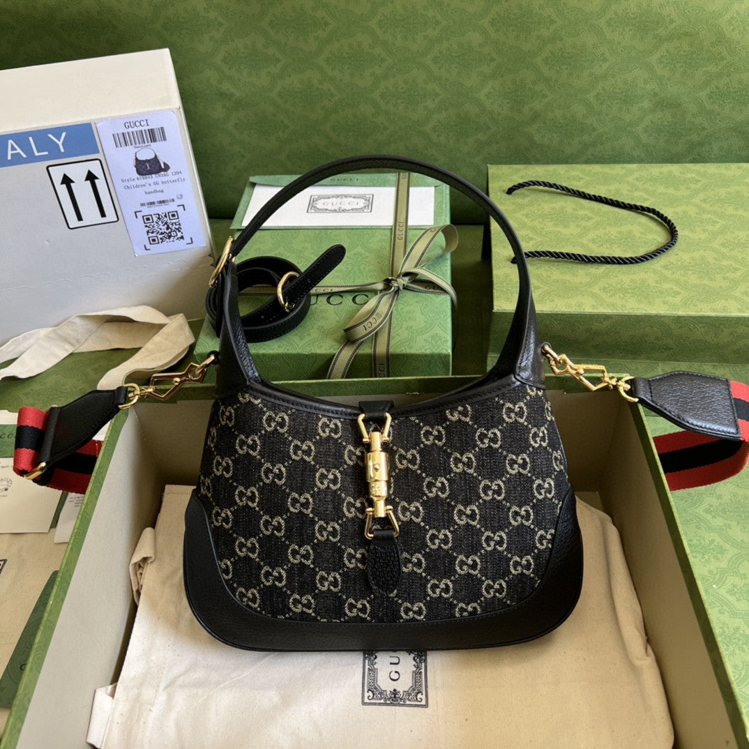 Gucci Jackie 1961 Small Shoulder Bag Black And Ivory Gucci Denim Jacquard For Women 11in/28cm 678843 UN3AG 1294